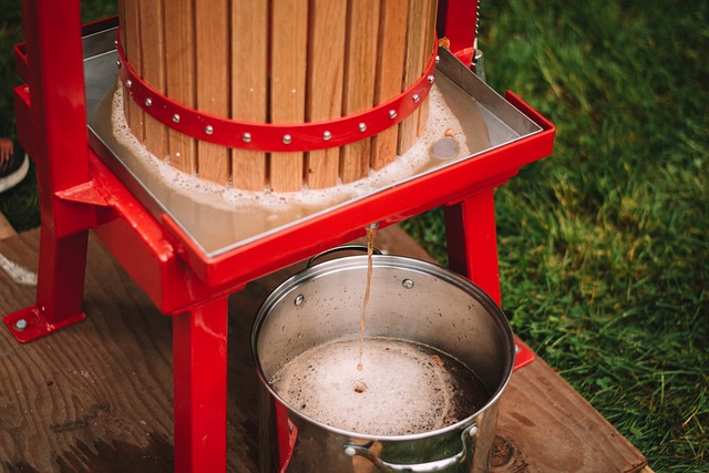 A manual cider press squeezing juice from apples being pressed for making cider.