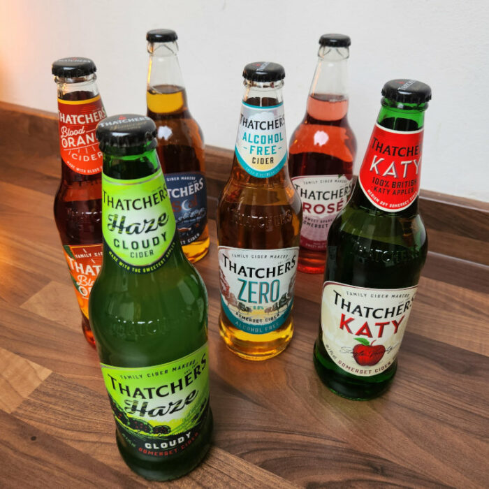 A few bottles of cider from the Thatchers Cider range. There is Thatchers Blood Orange, Haze, Katy, Rascal, Rose and Zero.
